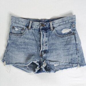 Cheap Monday Washed Blue Denim Distressed Raw Hem Shorts